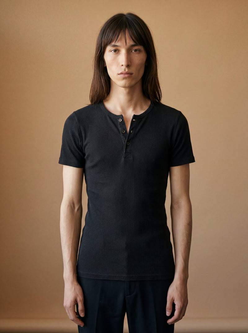 Henley shirt black ribbed knit — Bottega editorial front view