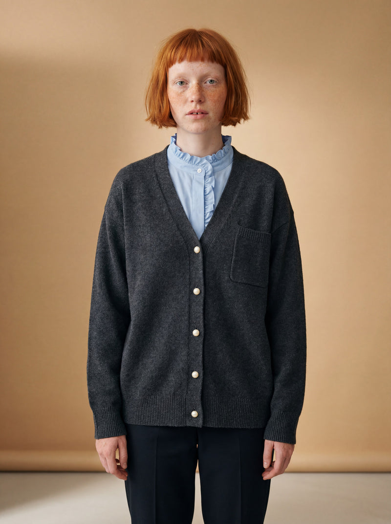 Charcoal cardigan with pearl buttons — front