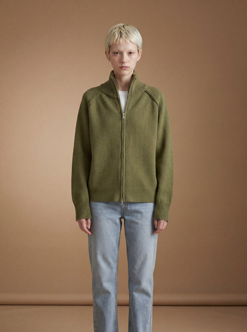 Olive moss zip-up cardigan — front