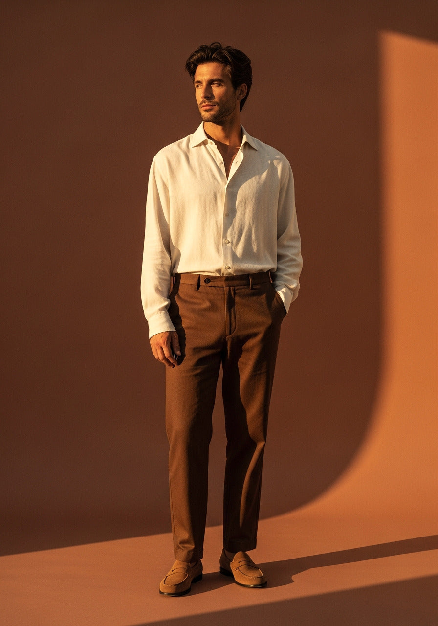 Sacily Men — cream shirt and tobacco trousers portrait