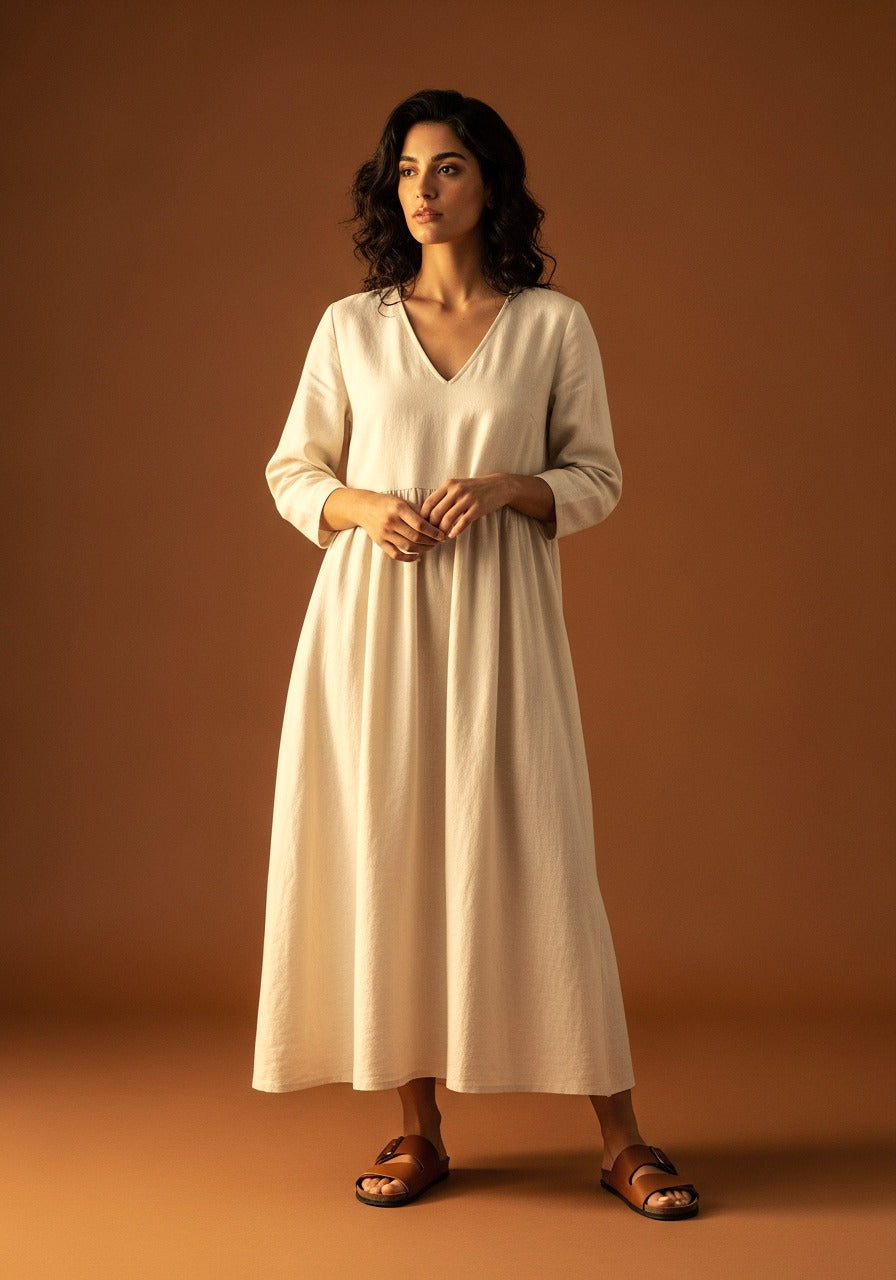 Sacily Women — cream linen dress portrait